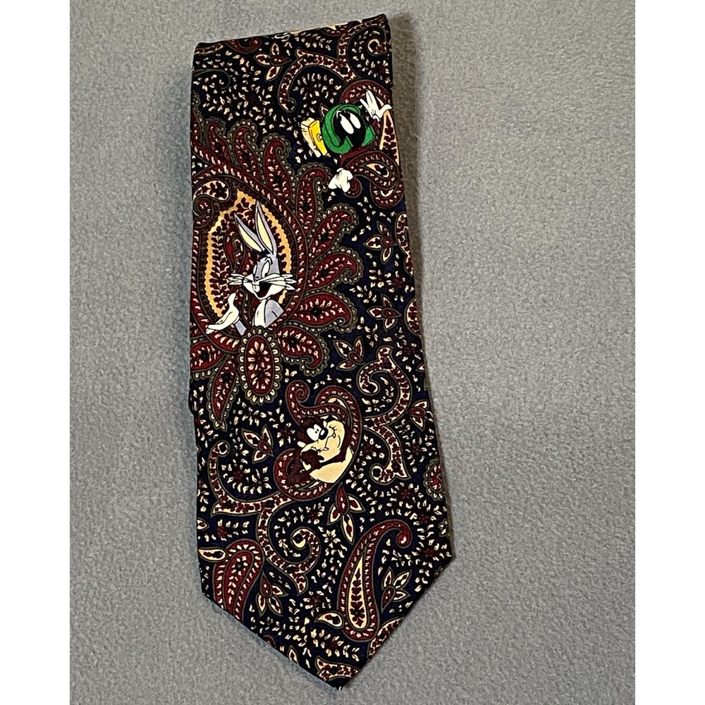 Looney Tunes Silk Men's Tie Paisley Bugs Bunny Marvin Taz Vintage 1990s